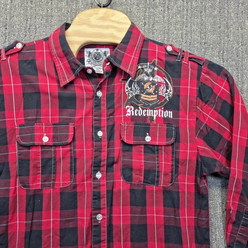 Respect & Honour Boys XL 18-20 Redemption Plaid Shirt Red Black Y2K Graphic Cool